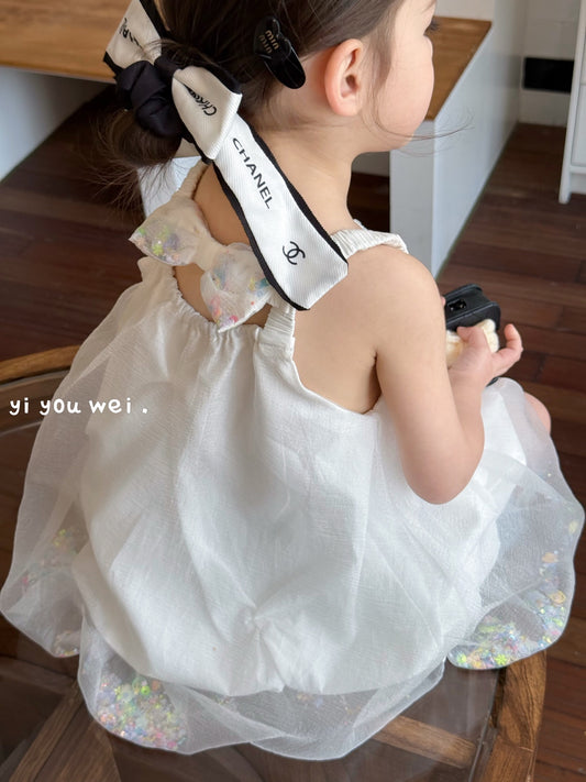 Bow Paperbag Style Puffy Dress/Blouse with Glitters